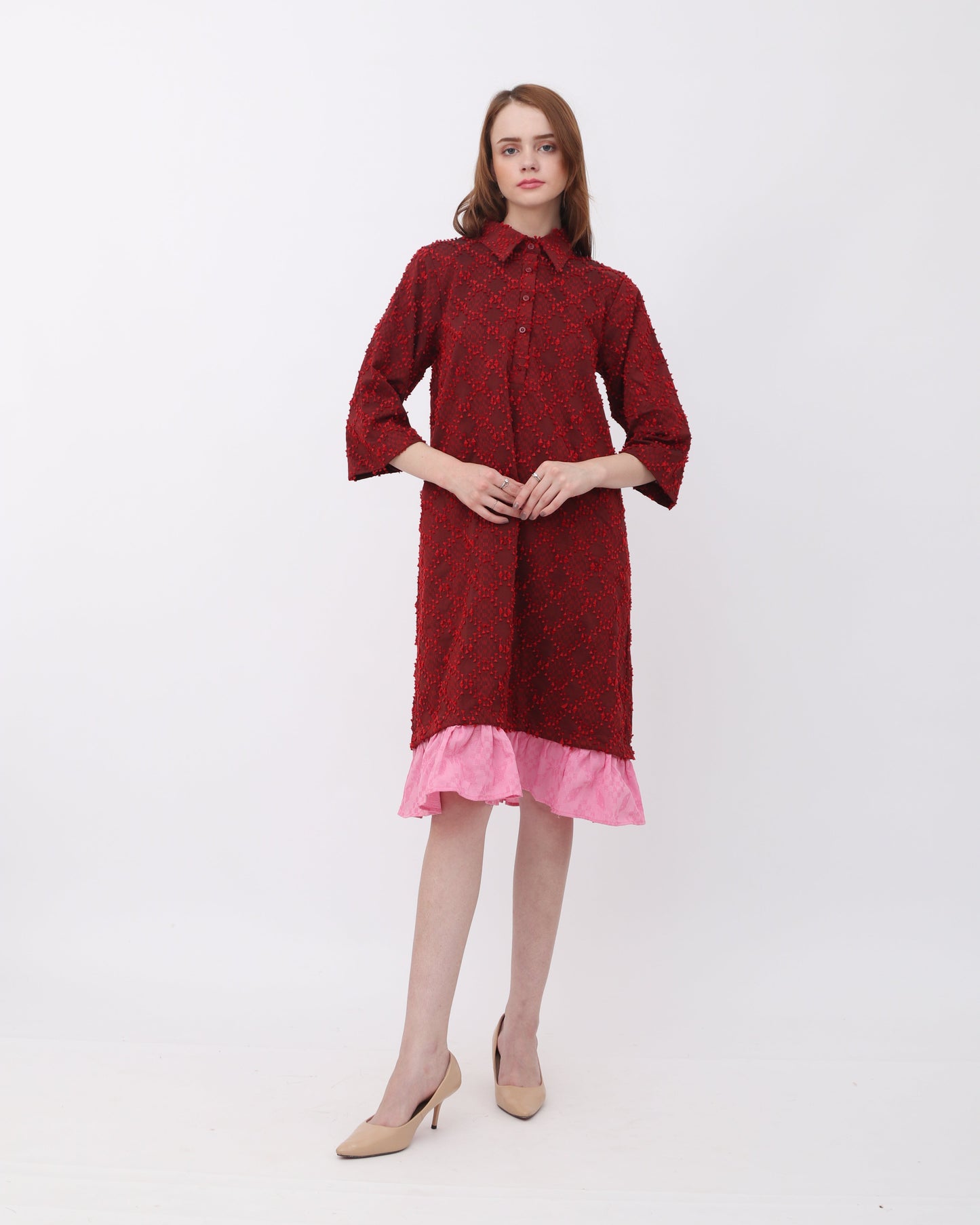 Luna tenun shirt dress with ruffles red pink