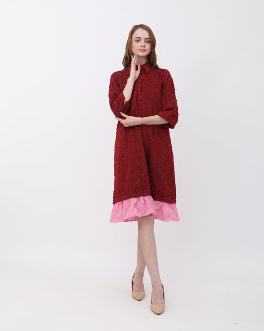 Luna tenun shirt dress with ruffles red pink