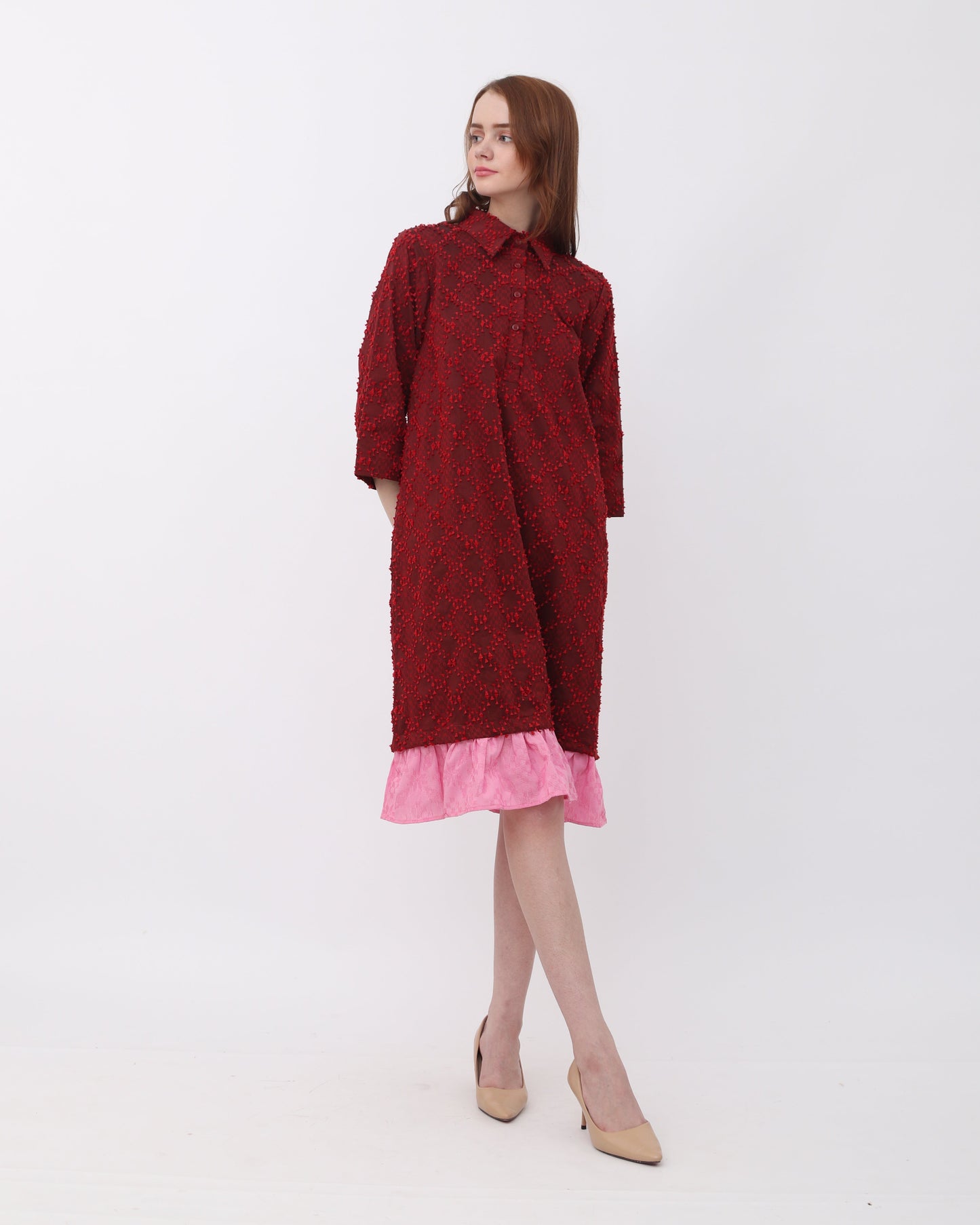 Luna tenun shirt dress with ruffles red pink