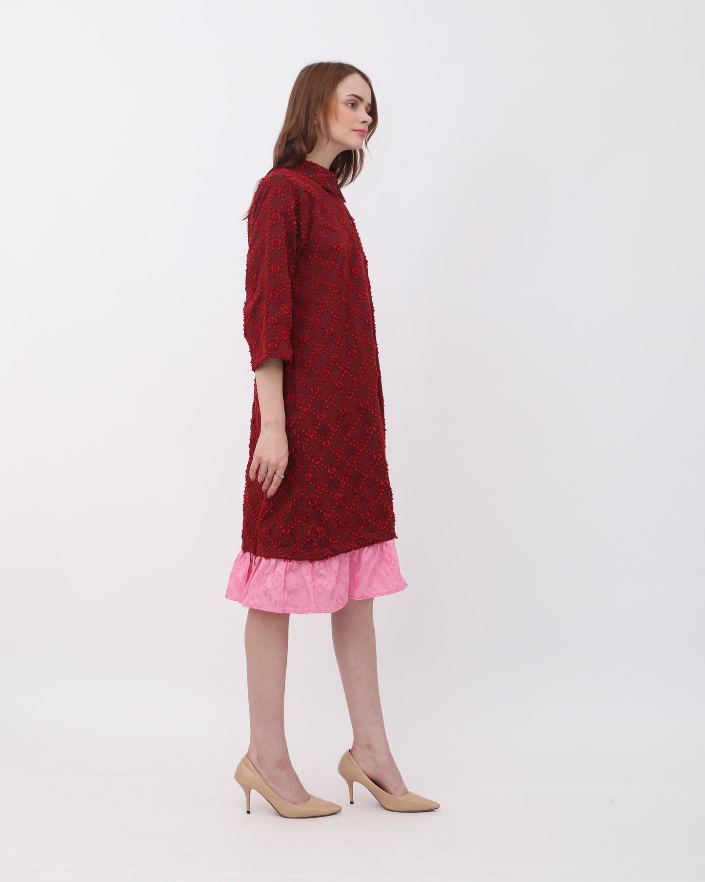 Luna tenun shirt dress with ruffles red pink