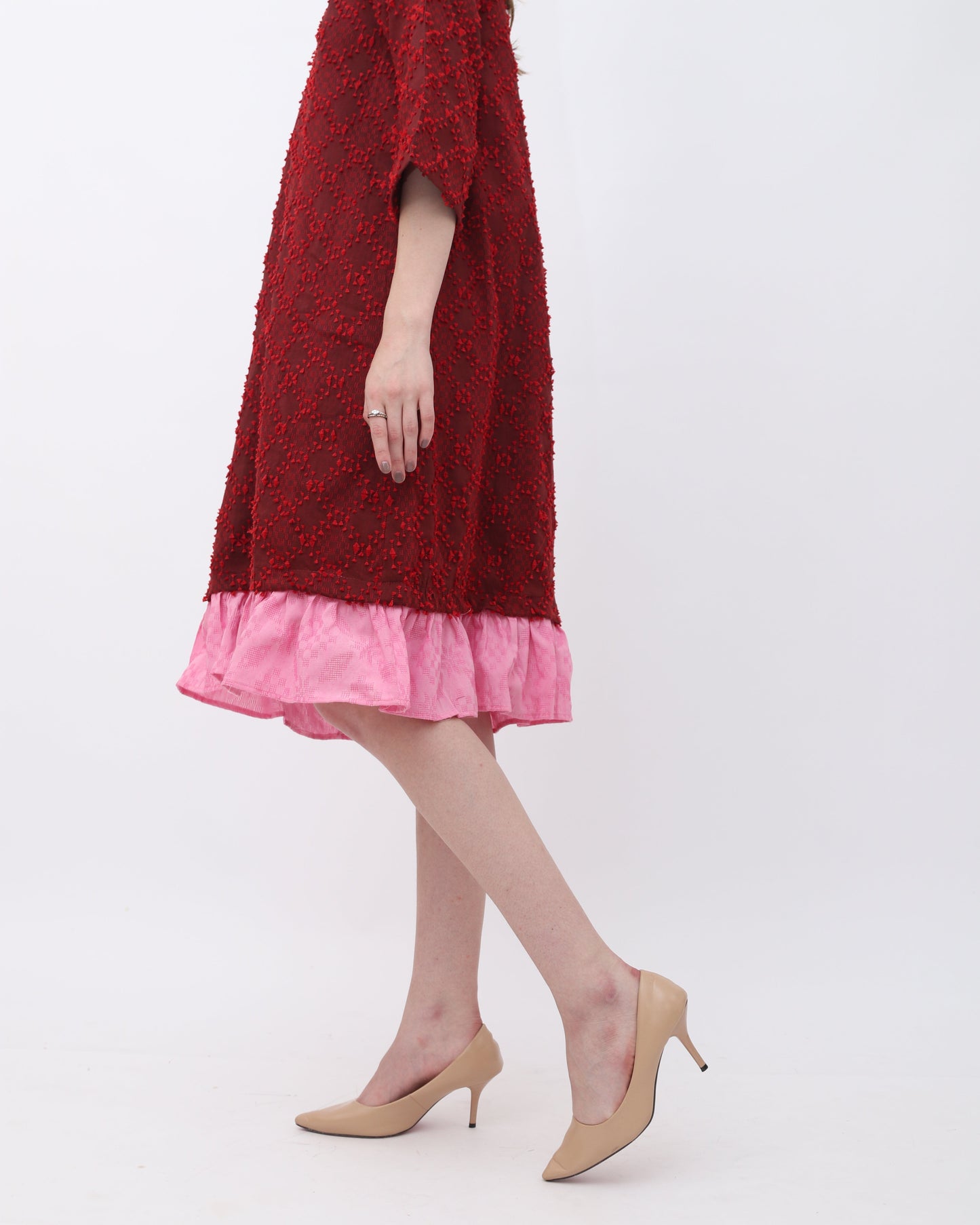 Luna tenun shirt dress with ruffles red pink