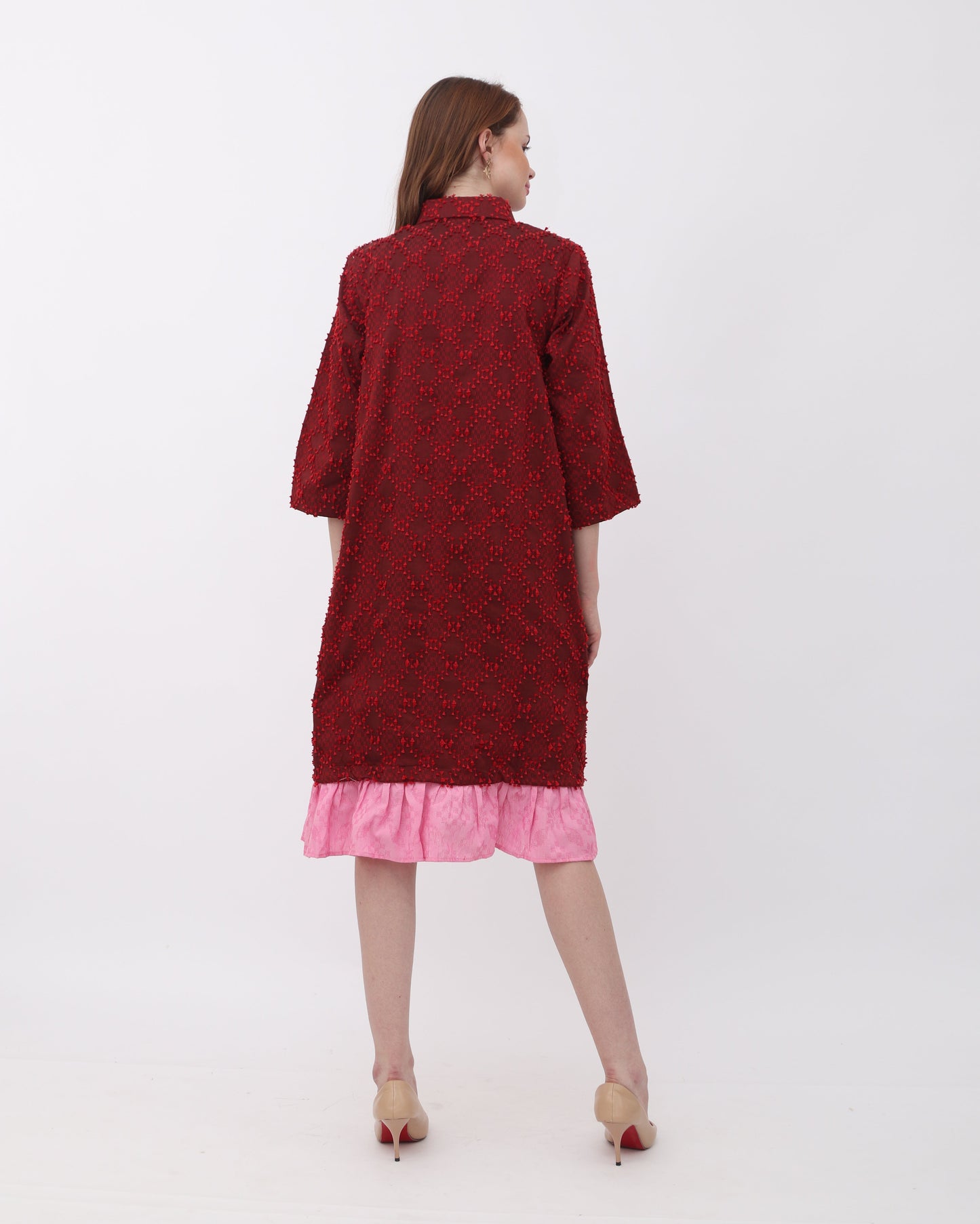 Luna tenun shirt dress with ruffles red pink