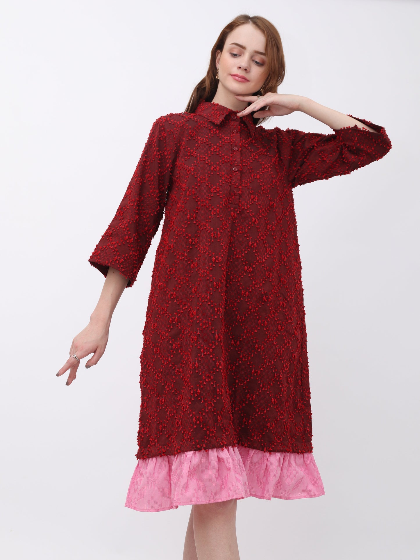 Luna tenun shirt dress with ruffles red pink