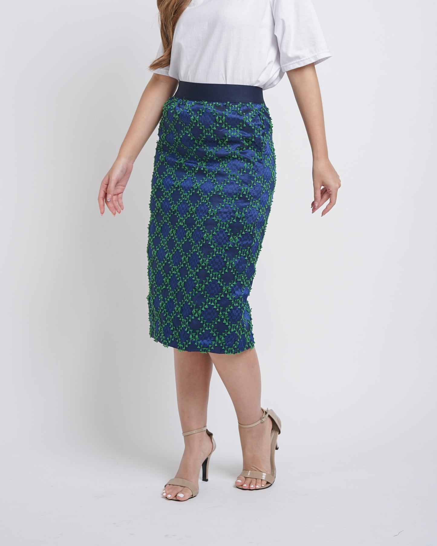 Birgitta tenun pencil skirt blue green