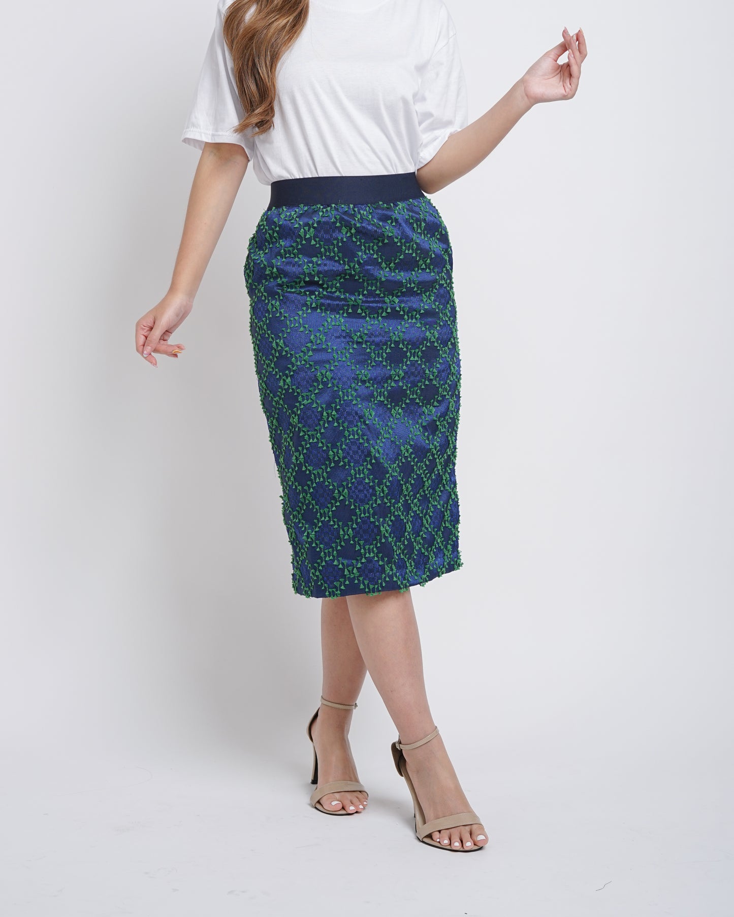 Birgitta tenun pencil skirt blue green