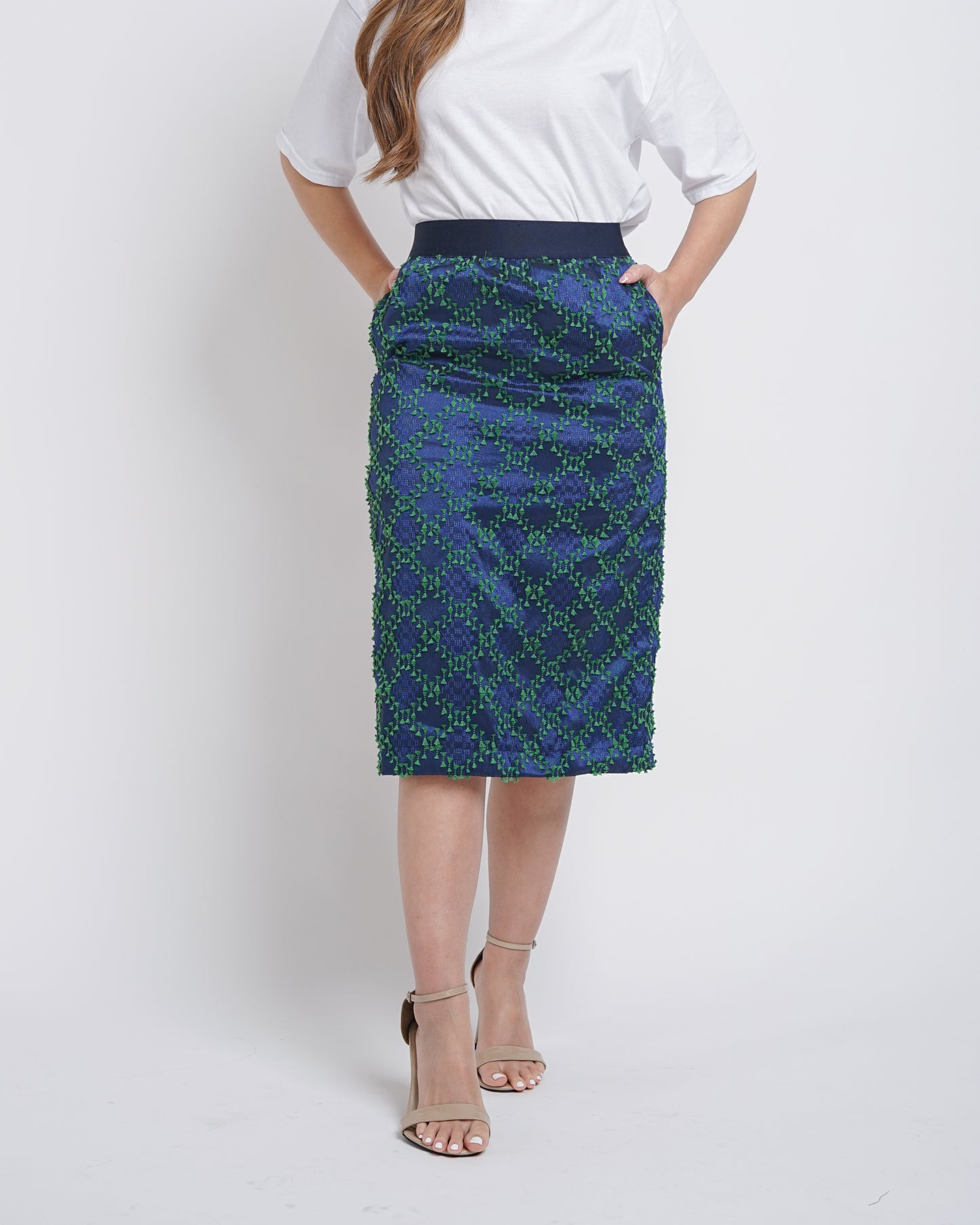 Birgitta tenun pencil skirt blue green