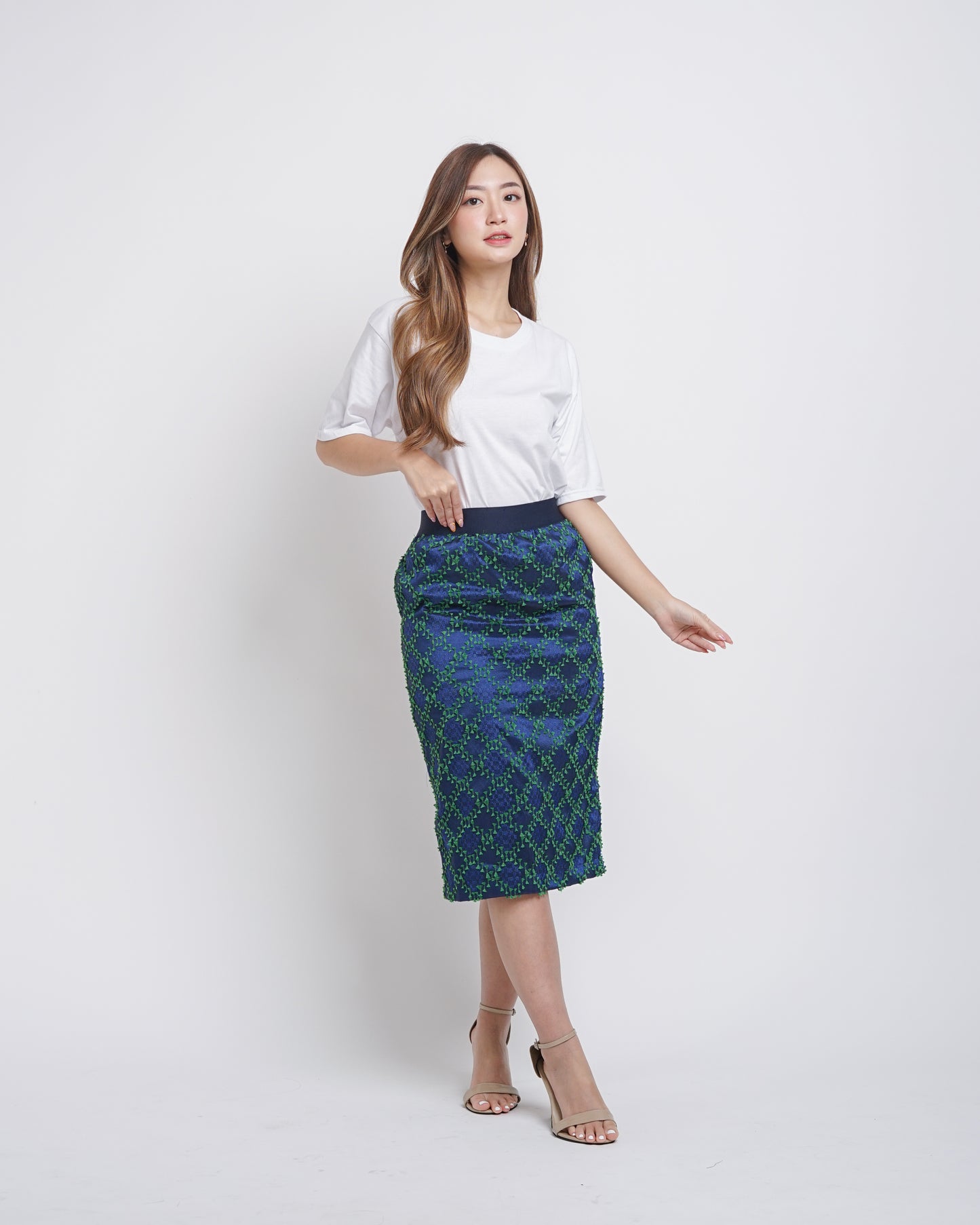 Birgitta tenun pencil skirt blue green